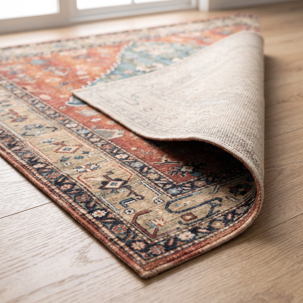 Saffi Persian-style rug, folded corner showing the low pile and non-slip backing
