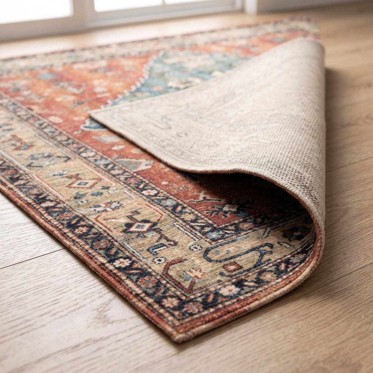 Saffi Persian-style rug, folded corner showing the low pile and non-slip backing