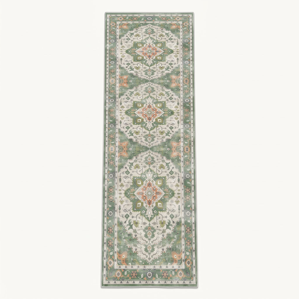 Sage Persian-style runner in sage and ivory, flat view