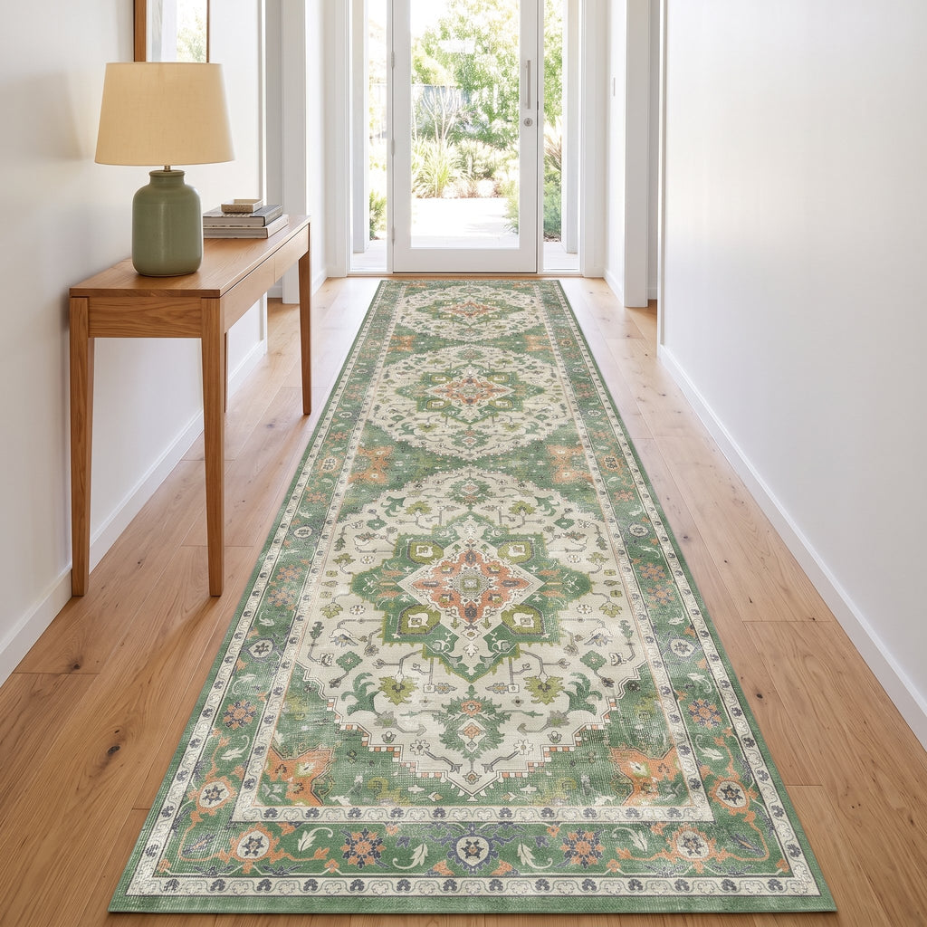 Sage Persian-style runner in a bright hallway