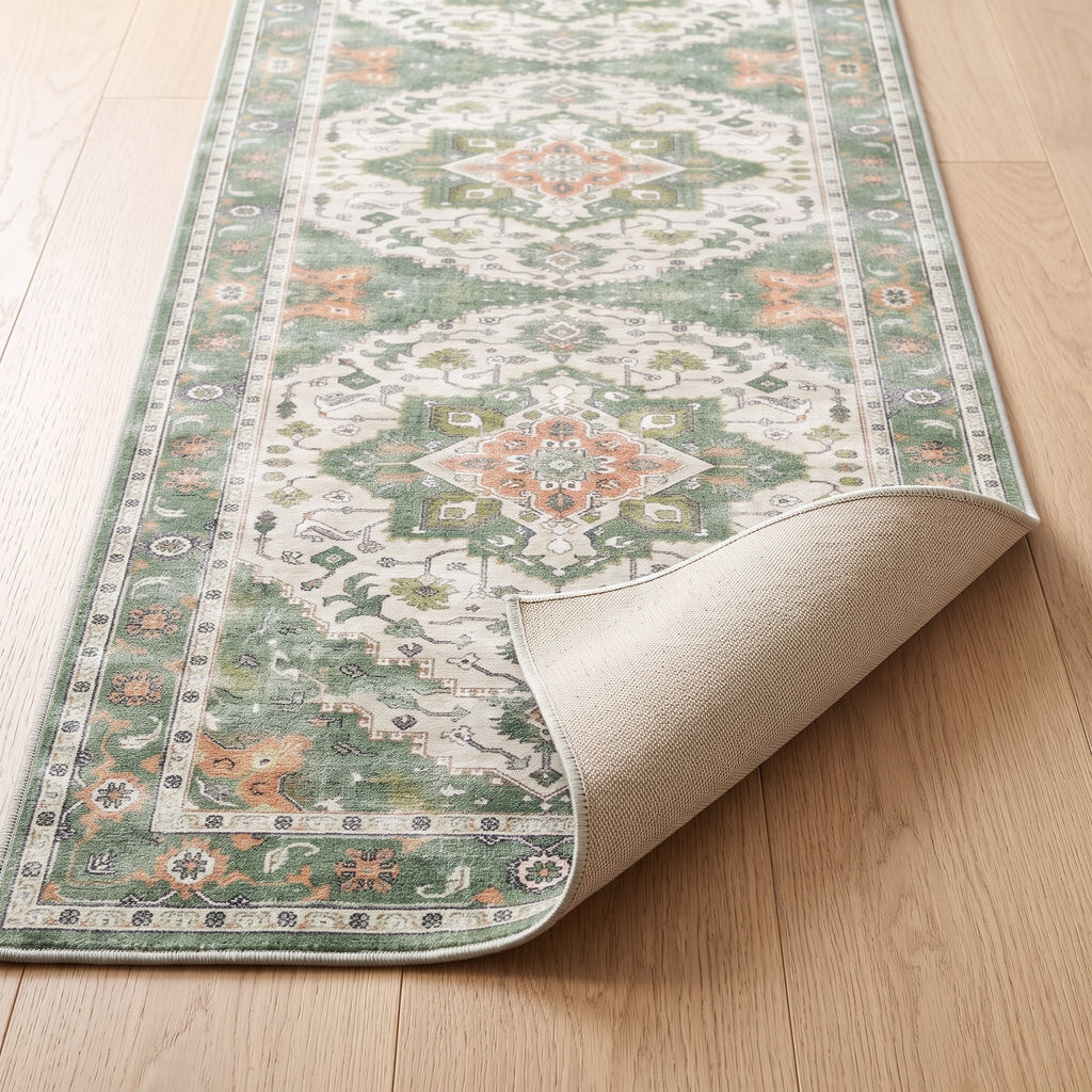 Sage Persian-style runner with one corner turned back to show the non-slip backing