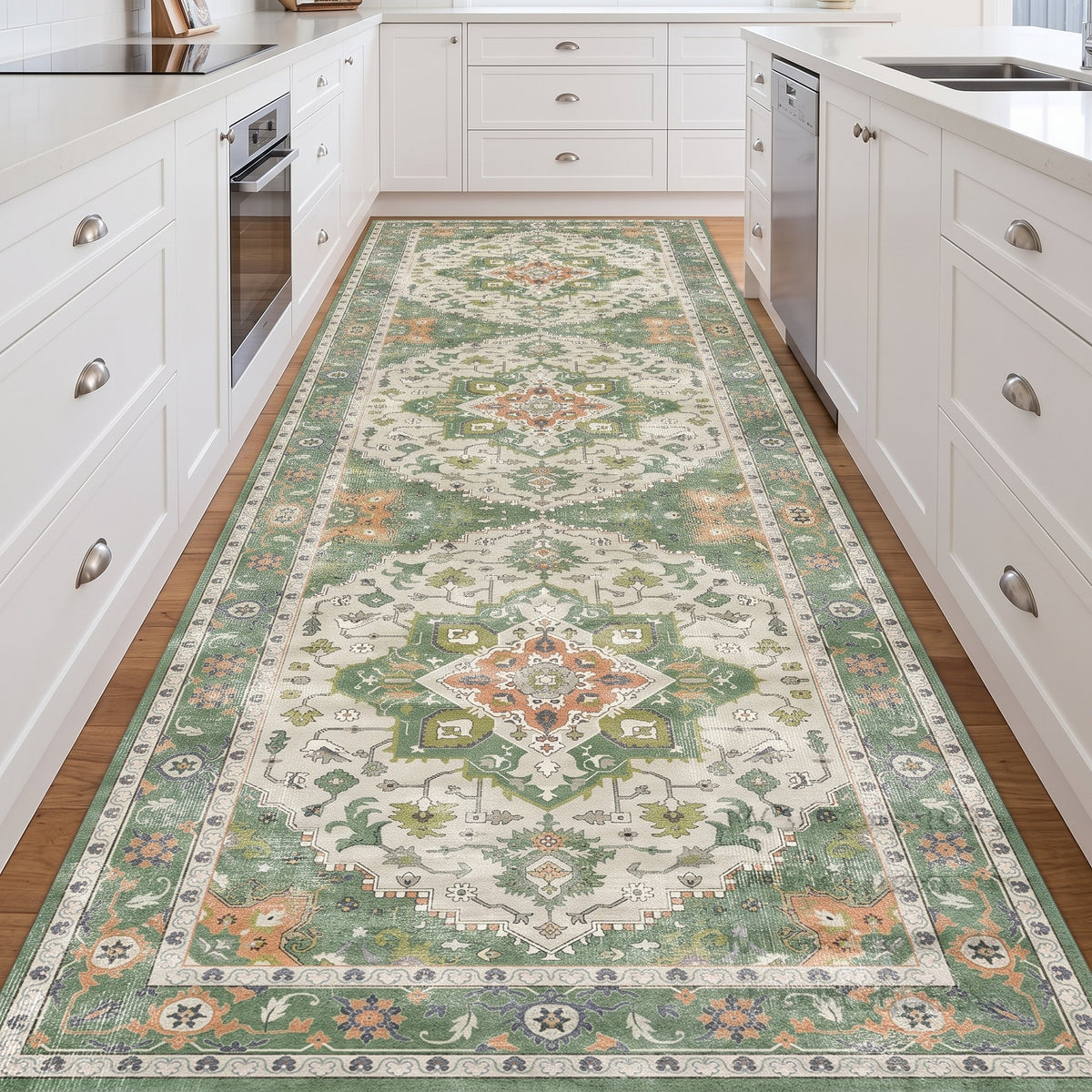 Sage Persian-style runner along a kitchen bench
