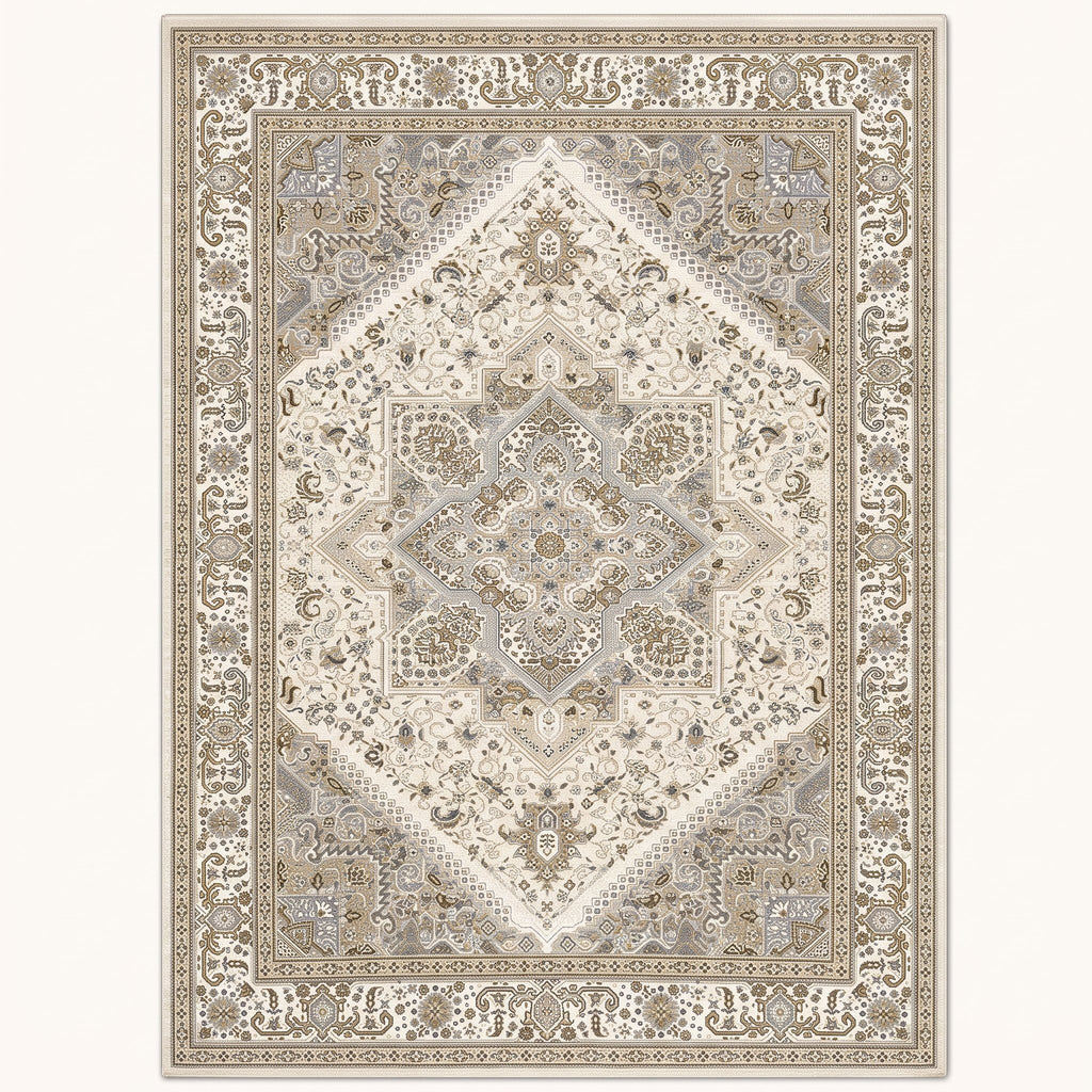 Sandstone Persian-style rug in sand and stone grey, flat view