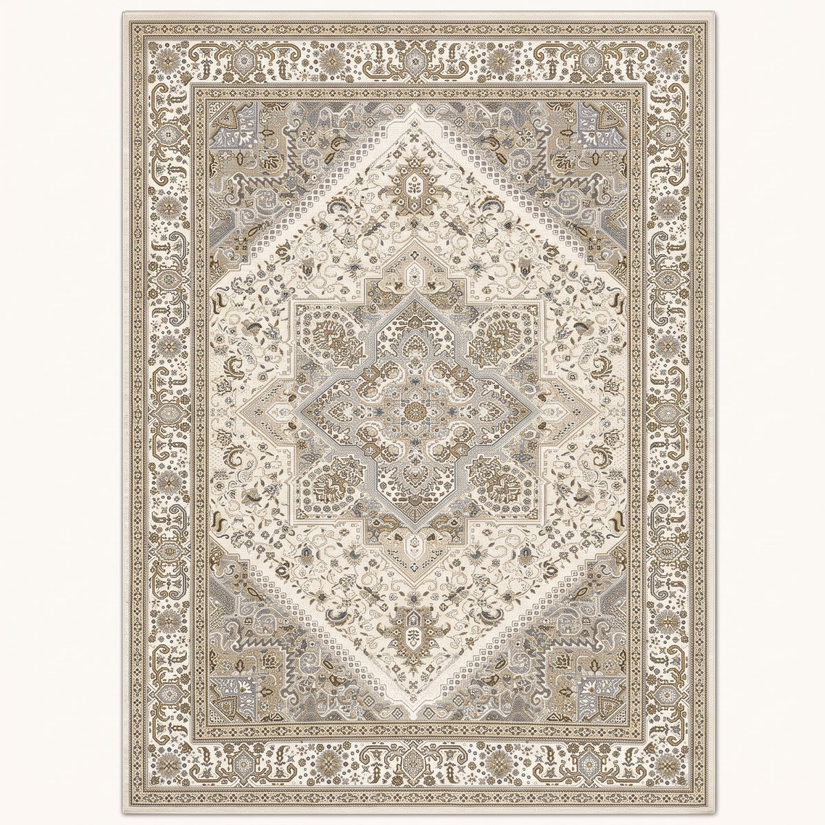 Sandstone Persian-style rug in sand and stone grey, flat view