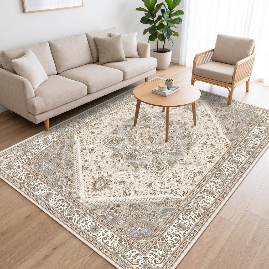 Sandstone Persian-style rug in a bright living room