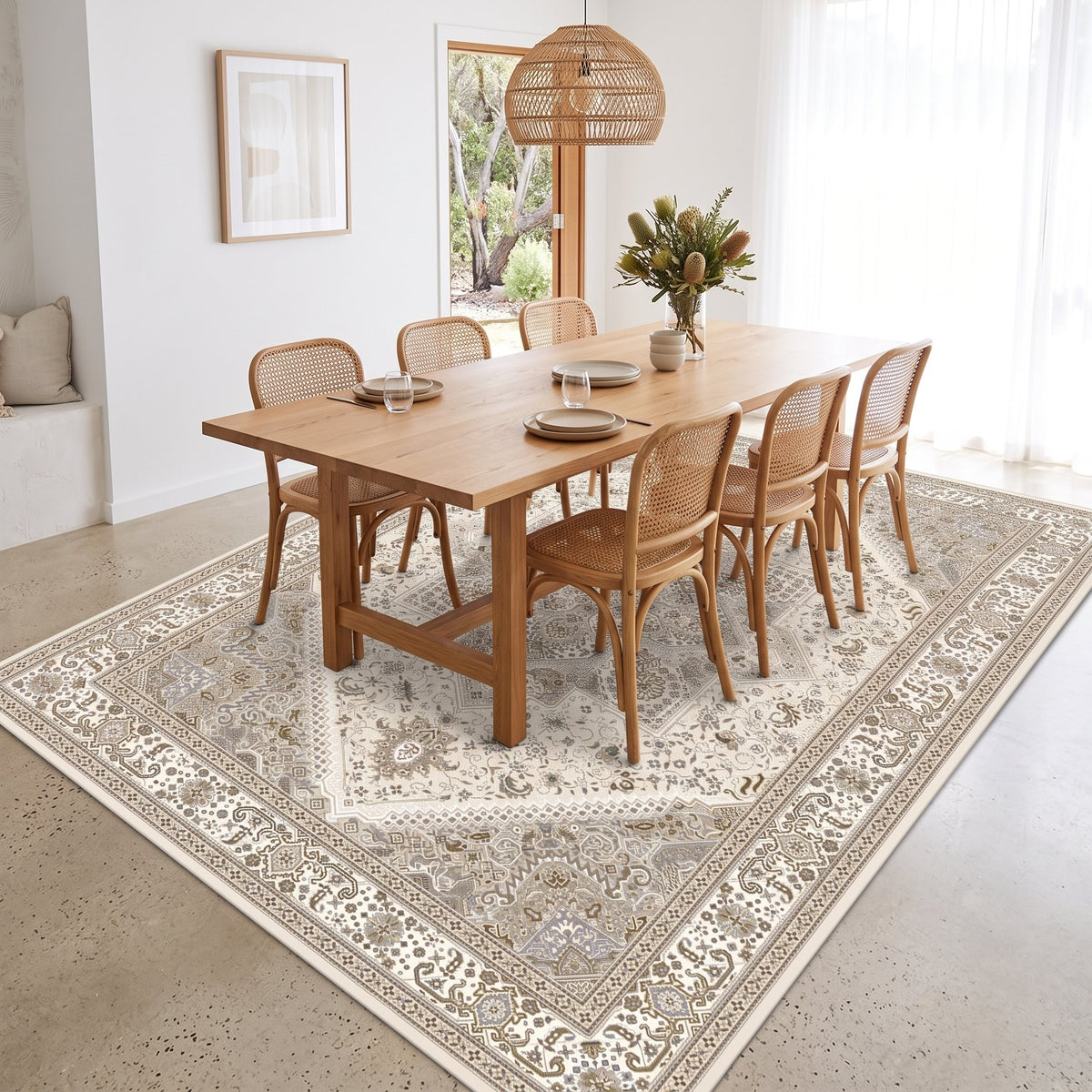 Sandstone Persian-style rug under a dining table