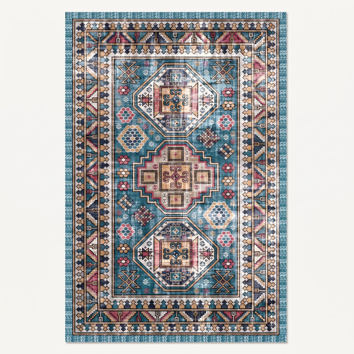Soraya Persian-style rug in teal and slate, flat view