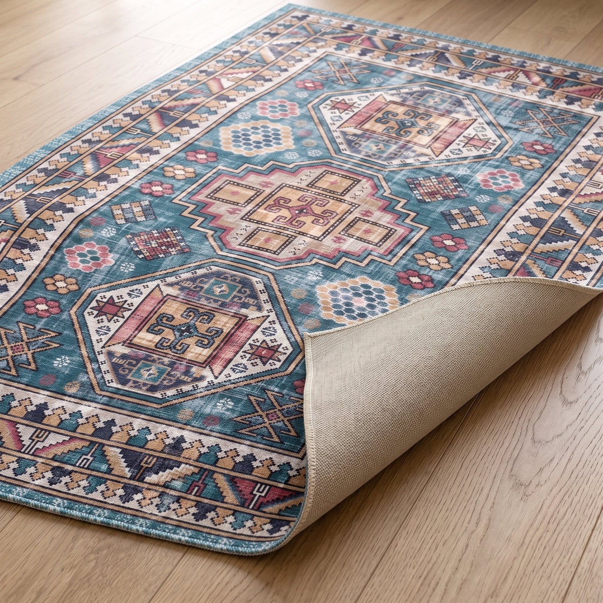 Soraya Persian-style rug with one corner turned back to show the non-slip backing