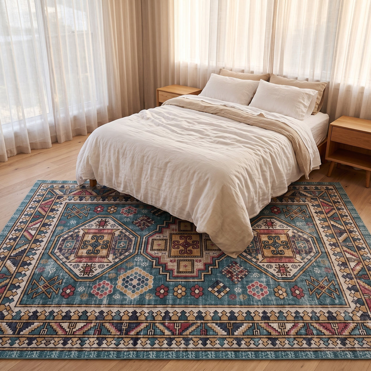 Soraya Persian-style rug under a bed in a calm bedroom